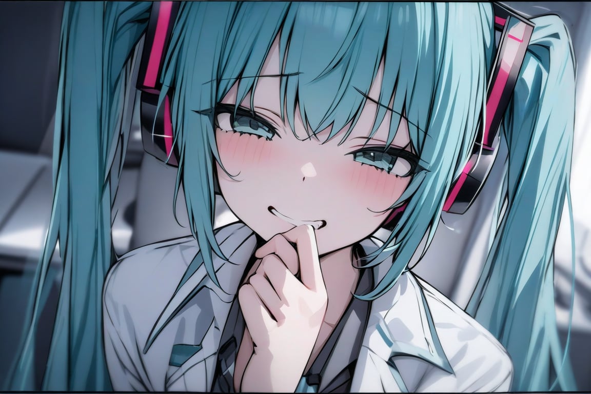 masterpiece,best_quality, 1girl, Hatsune Miku, laughing playfully at the viewer, hand covering mouth,