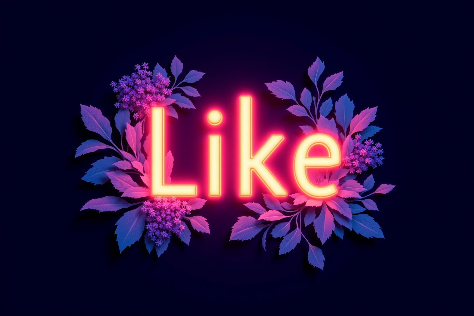 Create a vibrant, neon-lit text design with the words 'Like' The text should glow in warm orange and pink neon colors, with a subtle 3D effect. Inside the text, incorporate a radiant light effect that enhances the glow and gives the letters an ethereal shine. Surround the text with intricately detailed, 3D plants and flowers in shades of blue, purple, and soft pink, creating depth and texture. The plants should feel as if they are gently illuminated by the neon light, casting soft shadows and highlights. Use a dark, slightly gradient background to intensify the overall contrast, making the neon glow and 3D elements stand out even more. The style should be visually stunning, blending digital aesthetics with natural beauty, giving the design a sense of modern mysticism and otherworldly charm,aidmaTextImprover.