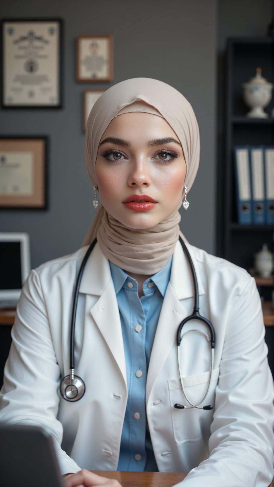 Create a hyper-realistic portrait of a female doctor with consistent, well-defined facial features and attire. Her skin is smooth and fair, with a light glow that enhances the symmetry of her face. She has full, well-contoured red lips, and her eyebrows are dark, thick, and precisely arched, perfectly framing her almond-shaped brown eyes. Her long, dark eyelashes further accentuate her expressive, calm gaze. The woman’s face has a slightly oval shape, with a sharp and defined jawline. Every time, her facial features remain identical: the same full lips, arched eyebrows, and intense, soft brown eyes.

Her hijab is always made of smooth, silky white fabric, neatly wrapped and covering her head completely, with no hair visible. A thin beige band is consistently placed underneath the hijab, adding a unique detail. The hijab drapes smoothly down her shoulders without any change in the style between different shots. She wears the same small, diamond-shaped earrings in every image, peeking slightly from beneath her hijab, offering a touch of elegance.

She is dressed in a classic white lab coat that fits perfectly over her professional attire, always neat and pressed. The stethoscope is always draped around her neck in a specific way, with the ear tips resting at her collarbone and the diaphragm hanging just below her chest, centered. This positioning of the stethoscope never changes between images. Beneath the lab coat, a light blue shirt is visible, buttoned up with a professional, clean look. The lab coat and shirt remain identical in all generated images to maintain consistency in her medical attire.

The desk in front of her is organized in the same way every time: a laptop on her right side, a notepad on her left, and a few medical instruments arranged precisely in the background. Behind her, the office has the same setting: medical certificates hanging on the wall, a shelf with a few medical books, and soft, warm lighting that casts gentle shadows, emphasizing her facial structure and professional environment. The lighting ensures the smoothness of her skin and maintains the same highlights and shadows across all scenes, whether in different poses or angles, Midjourney_Whisper