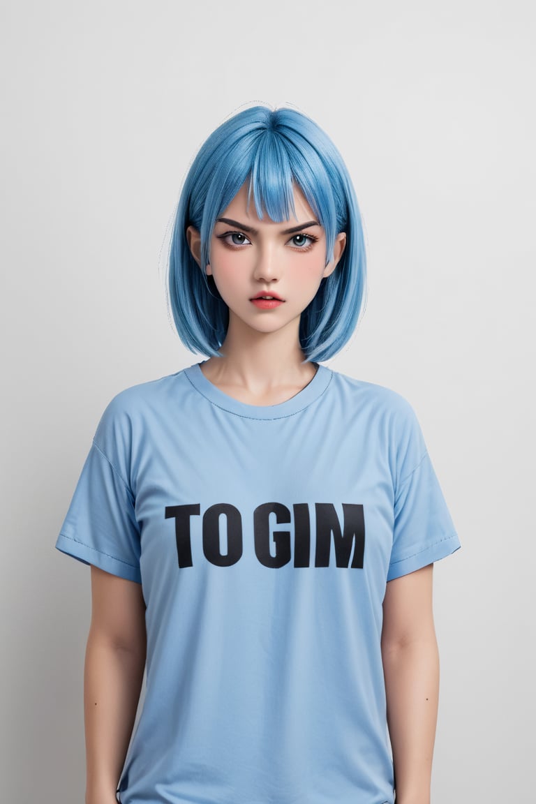 Angry girl, blue hair, studio light, t shirt
