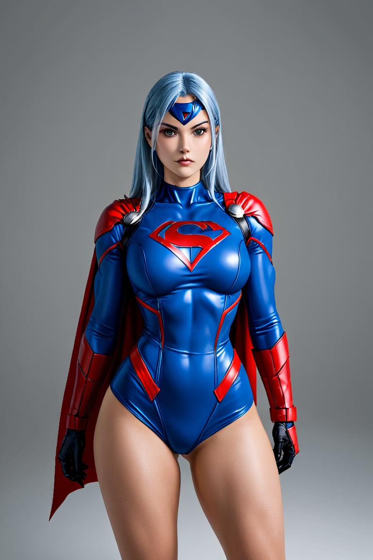 Angry girl, blue hair, studio light, serious look, superhero look, marvel