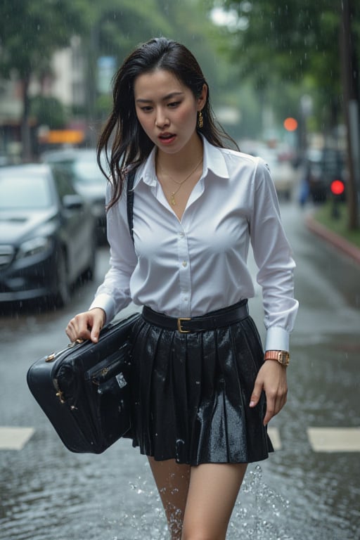 A woman AGE 19 in a white button-up shirt and black slkirt runs through the rain, completely drenched. The rain is coming down hard, and the woman is struggling to keep her footing as she splashes through the growing puddles. her face is contorted in a grimace as she clutches her briefcase tightly, trying to protect it from the rain. The city streets around her are blurred and indistinct, the only thing visible is the rain streaming down her face. Rose Gold IPhone, Rose Apple Smartwatch,Gold necklace, Gold earting,belt