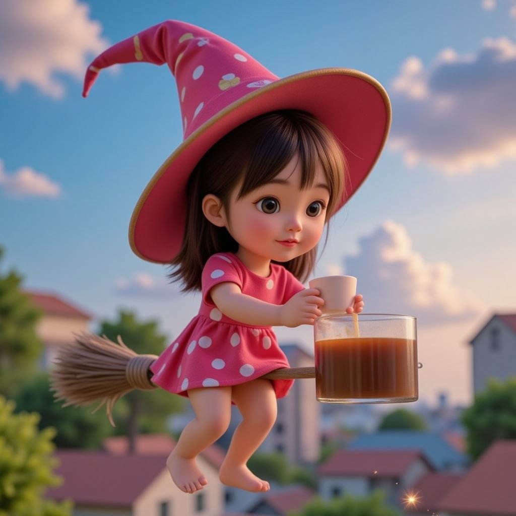 3d animation, beautiful movie artwork of a cute little witch doll, full body model, bright colors on her body, soft tones, the little witch is riding a broom in the sky, holding a small coffee cup, and coffee is pouring from a clear glass pitcher into the cup, the atmosphere of the witch town, there are small sparks, light fog, 3d movie quality, very realistic 16k HD movie, realistic, emphasizing the reality between the digital and physical worlds.