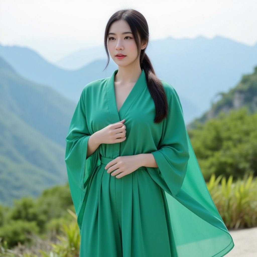 full body Girl, Chinese, magnificent, glamorous, gorgeous, random pose, wearing jade green robe, standing on huashan mountain, eye contact, 
(photo-realistic, ultra realistic 8k CG:1.2), perfect artwork, delicate pattern,