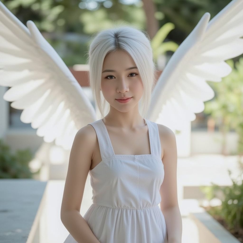 A beautiful Asian young white elf with massive white angel wings