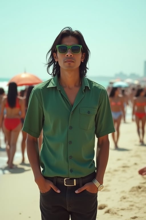 A mid-shot of a 49-year-old Thai-Chinese man, dressed in a green-shirted outfit, paired with short black jeans and sporting long, dark hair, adorned with green-rimmed glasses. He stands solo amidst a bustling beach crowd filled with women, his confident demeanor and stylish attire making him stand out from the sea of sun-kissed gals.