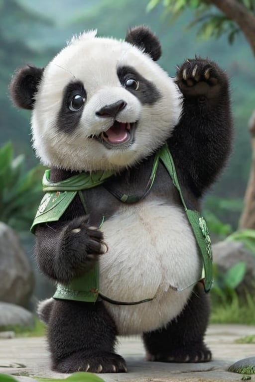 animal, no_human, panda, cute and adorable, happy and beautiful, cute detailed illustration expressing joy, dynamic poses, wearing a dragon warrior background, fully dressed, tiny, cute scene, stunning, tiny detail, fluffy, 3D cartoon, Disney Pixar style. 