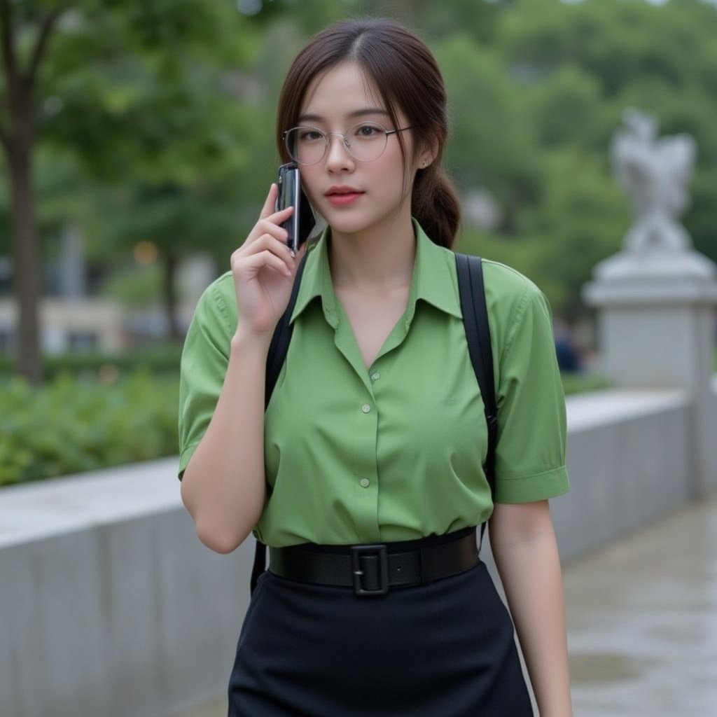 Girl in her 20s, wearing a green shirt, black skirt, wearing glasses, traveling in the rain, wet shirt a little. Your hand protects your cell phone from the rain. The back is carrying a backpack, the background is a sidewalk, the full body image is blurry, the lighting is just right.