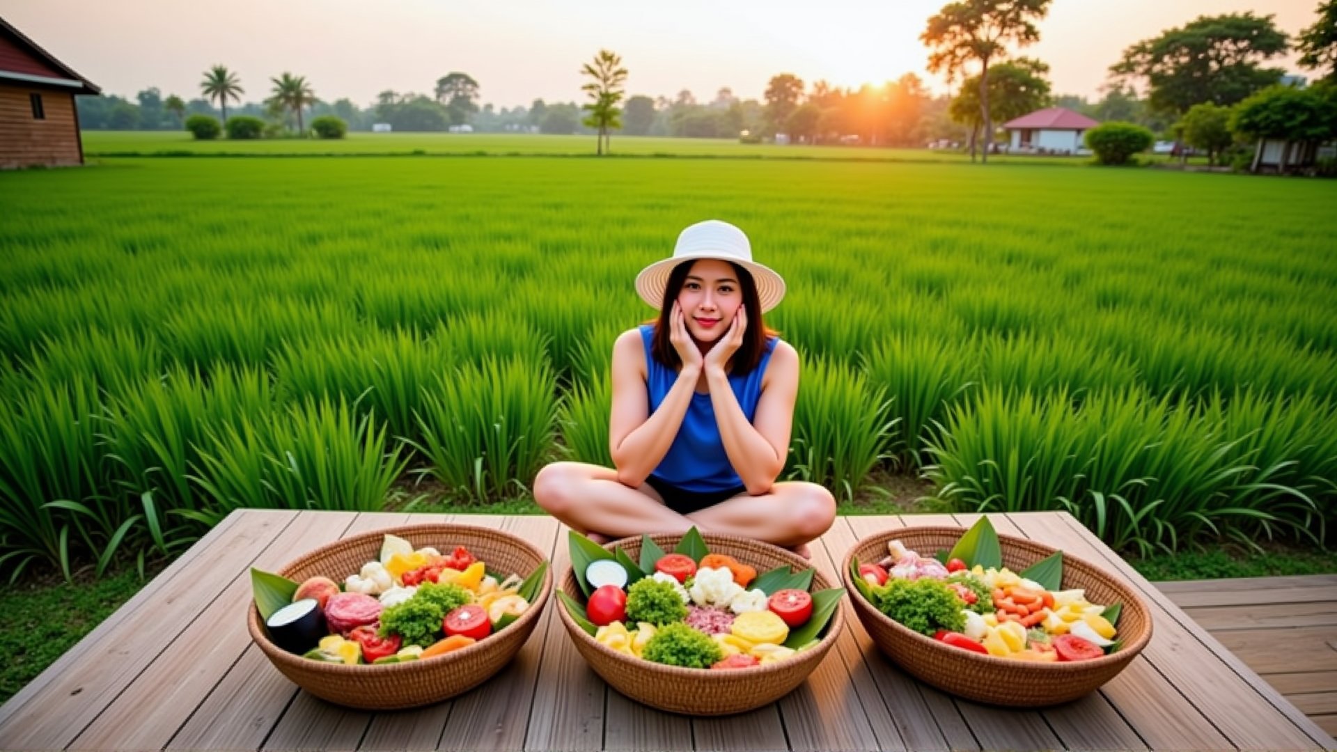 A young woman sits on a wooden platform, surrounded by green rice fields, under the bright evening sunlight. She wears a white hat, faces the camera and wears casual clothes. She is eating local Thai food arranged in three large wicker baskets, filled with fresh fruits, salads, vegetables and various foods on banana leaves. The bright colors of the food contrast with the lush greenery around her. In the distance, a wooden house and trees blend in with the quiet rural landscape.