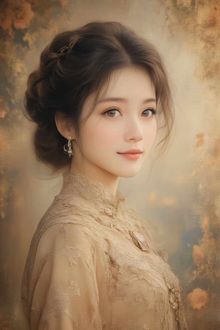 A beautiful woman with short ponytail black hair wearing lacey kebaya, gentle smile expression, soft skin, soft makeup, glowing bright striking brown eyes, wears an elegant Cameo and pearl earrings, blurry misty foggy floral background,Oil painting style,Jules Style,Faded Old Photo