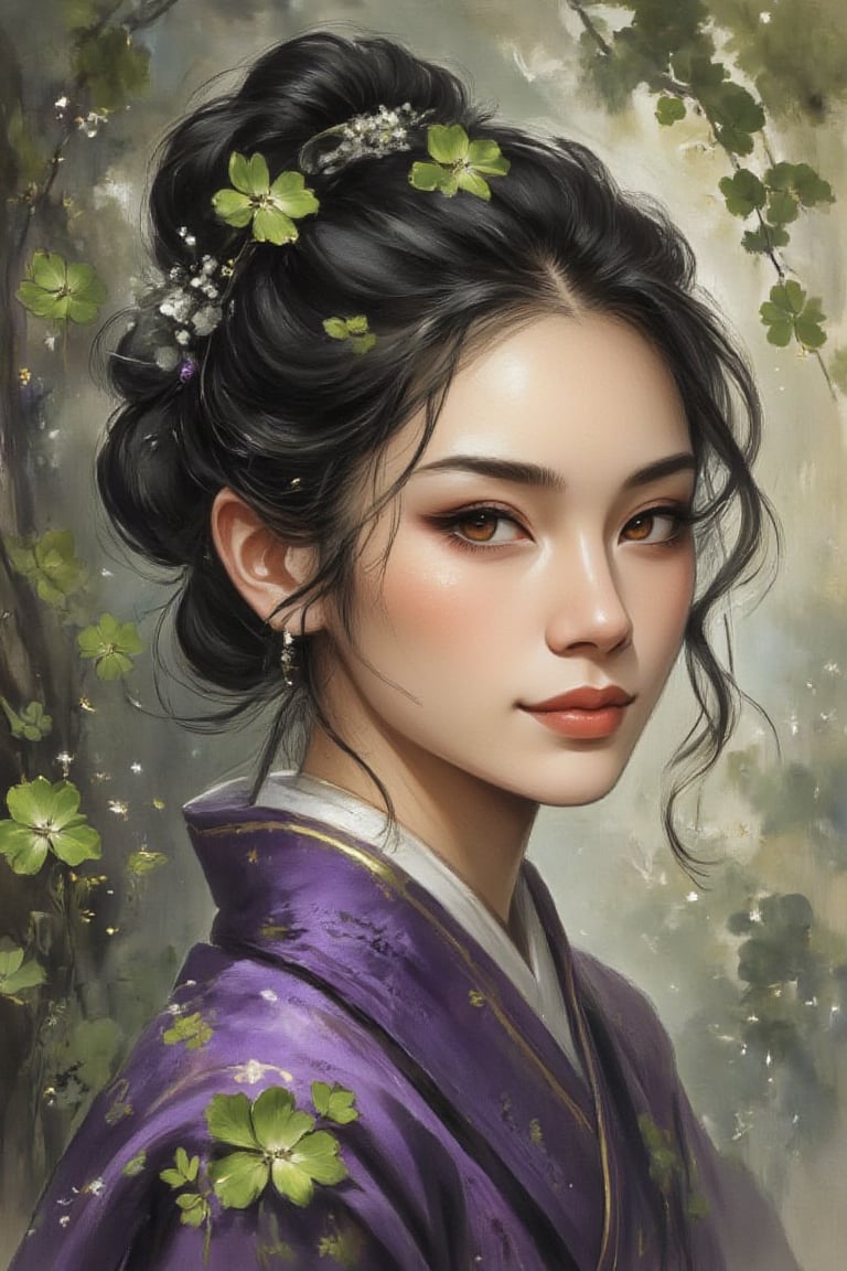 Close up face, japanese ink art painting of a stunning melayu woman with a short ponytail and jet-black hair, dressed in a purple kimono. Her gentle smile and soft features, including her skin and makeup, radiate warmth. Brown eyes sparkle amidst the shamrock flowers background, evoking a sense of mystery and enchantment