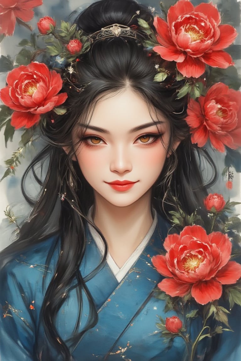 Close up face, japanese ink art painting of a stunning melayu woman with a long wavy and jet-black hair, dressed in a blue hanfu. Her gentle smile and soft features, including her skin and makeup, radiate warmth. Brown eyes sparkle amidst the peony flowers background, evoking a sense of mystery and enchantment