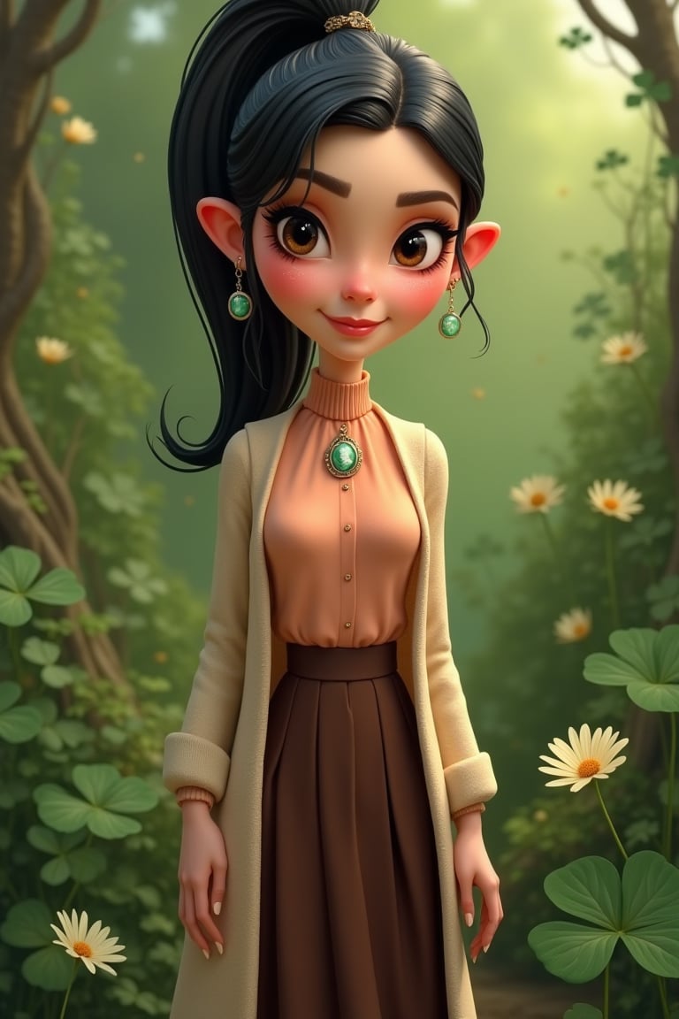 Realistic 3D cartoon caricature painting, in the style of Tim Burton art style, of a stunning woman with a  short ponytail and jet-black hair, dressed in a peach high neck blouse with beige long cardigan, long brown skirt and black boots, wears a beautiful Cameo brooch. Her gentle smile and soft features, including her skin and makeup, radiate warmth. Brown eyes sparkle amidst the shamrock flowers background, evoking a sense of mystery and enchantment