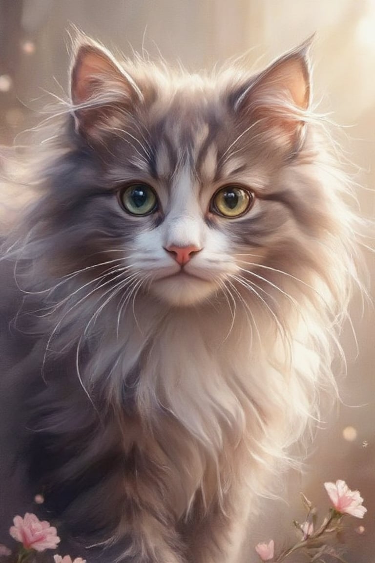 A beautiful fluffy three colored cat, glowing bright striking green eyes, blurry misty foggy floral background,Anime 1 3d.hanna,Digital Illustration 1.hanna