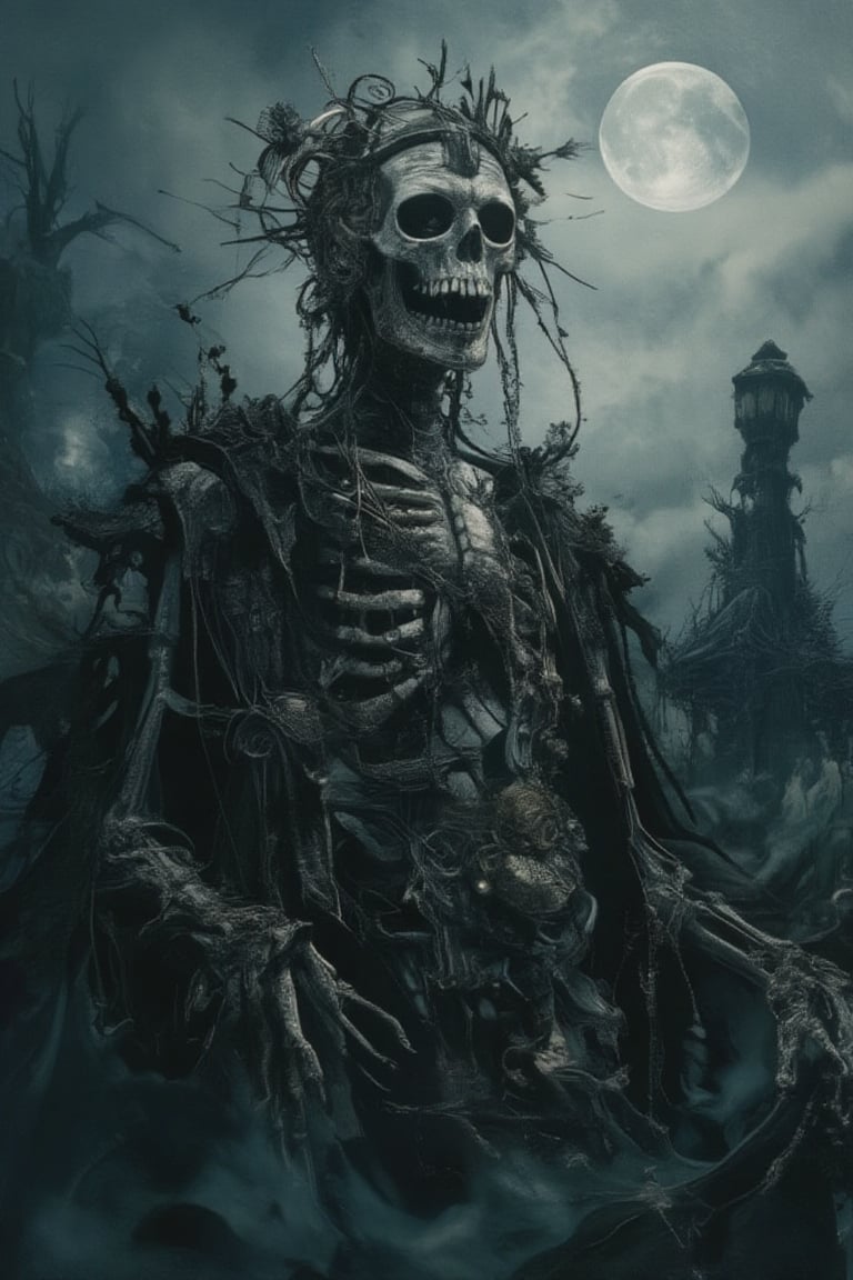 A gothic steampunk skeleton figure, at a spooky creepy gloomy dimly dark graveyard,Skeletons From Abyss,LinzGothic,Ambience Steampunk 