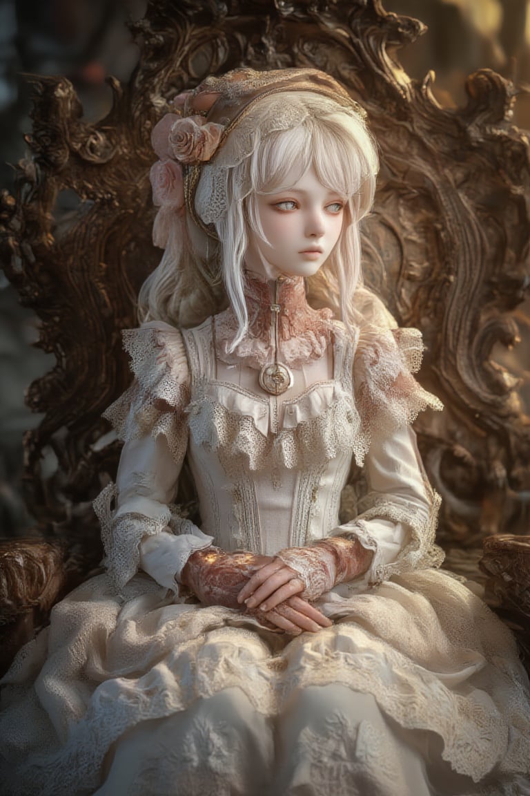 A delicate porcelain princess, PlainD0ll, sits regally on a ornate, intricately carved wooden throne. Soft, golden lighting illuminates her serene features, highlighting the fine details of her hand-painted face and intricate, lace-trimmed gown. Her marionette limbs are posed in a gentle, ethereal repose, as if frozen in a moment of quiet contemplation.