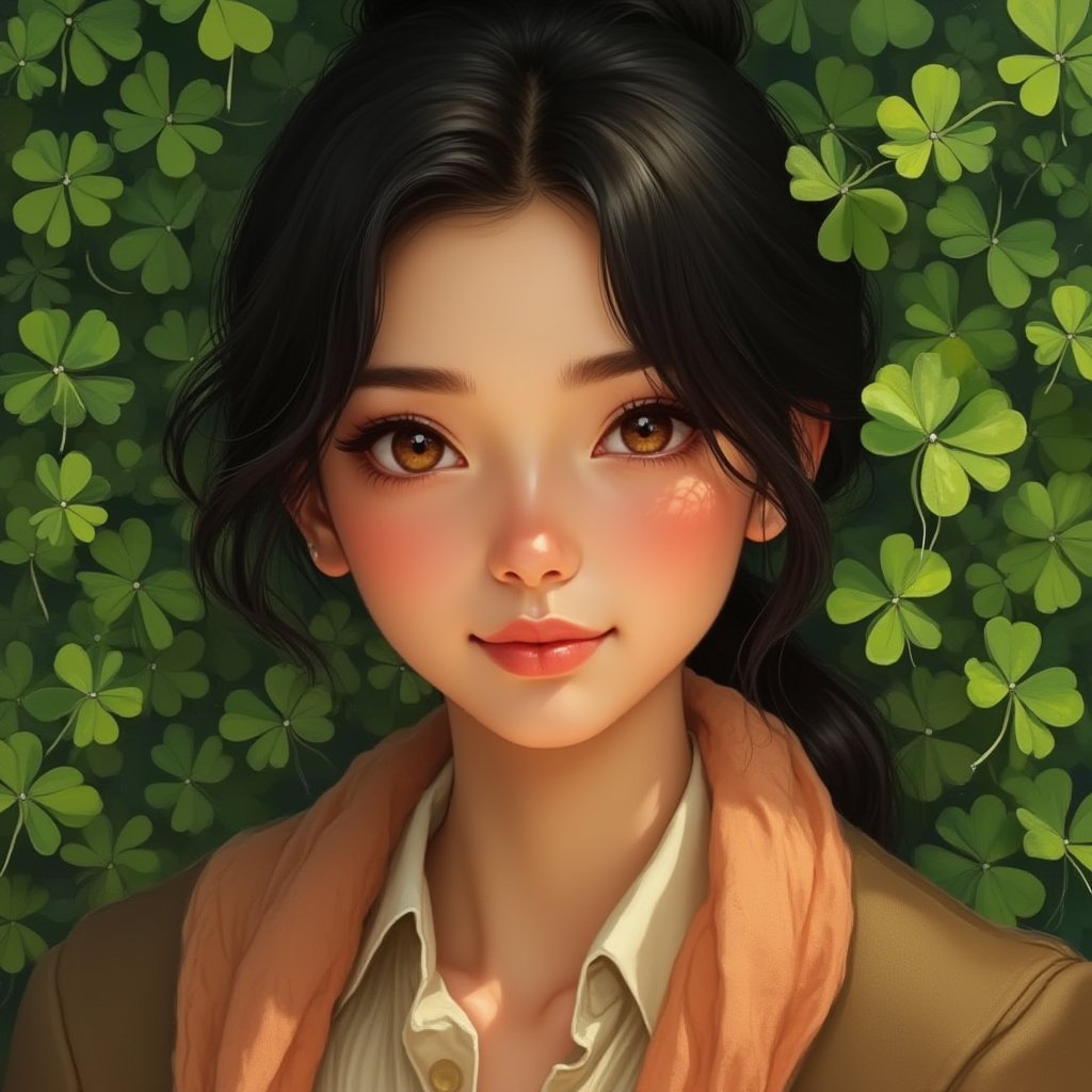 Close up face, Digital art painting of a stunning woman with a short ponytail and jet-black hair, dressed in a beige shirt with brown coat, wears peach shawl around her neck. Her gentle smile and soft features, including her skin and makeup, radiate warmth. Brown eyes sparkle amidst the shamrock flowers background, evoking a sense of mystery and enchantment