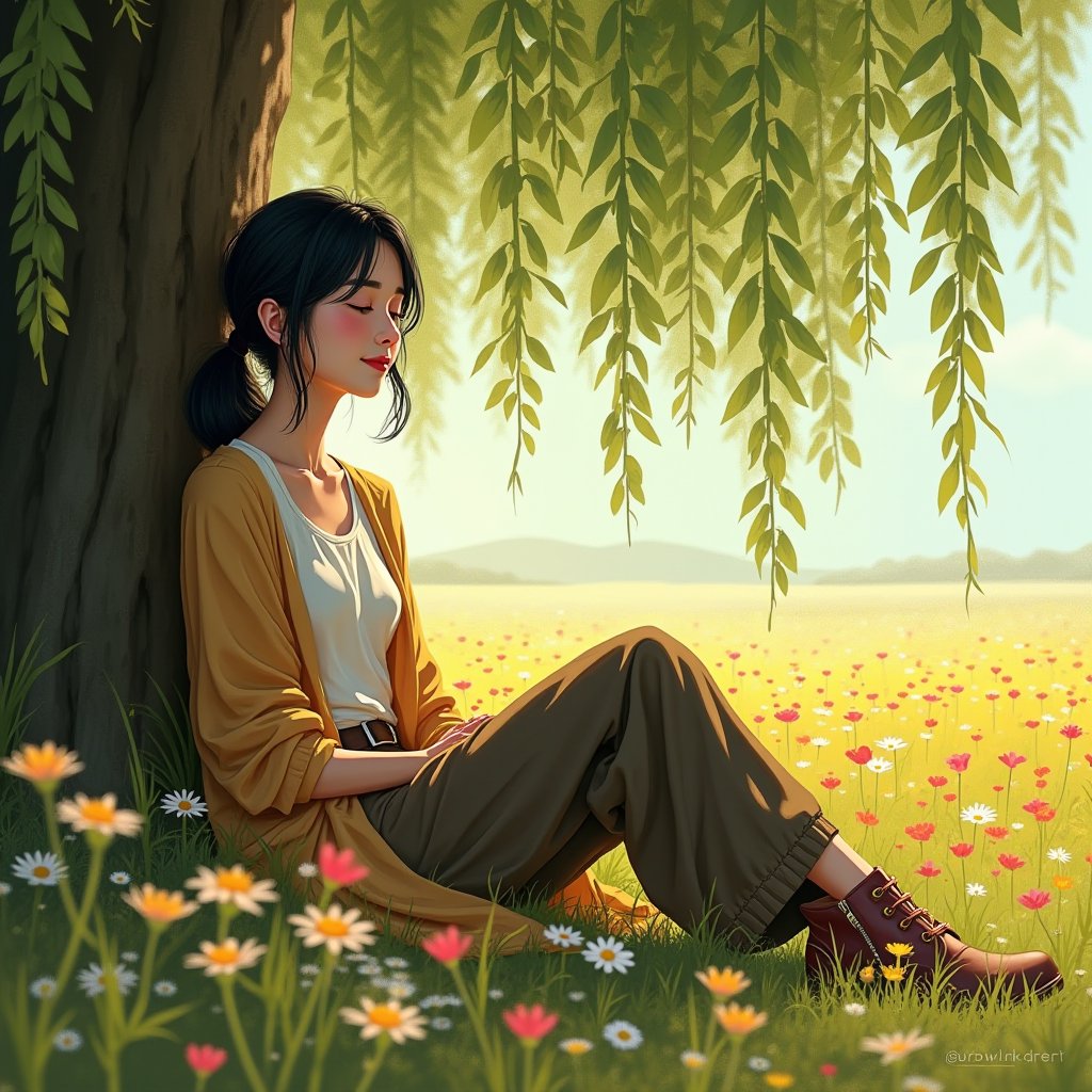 Full-length view of a beautifully stunning Melayu woman with short ponytail black hair and brown eyes. She wears a T-shirt under a long cardigan, and loose pants with heel boots. A gentle smile expression spreads across her face as she sits leaning back, resting under the majestic canopy of a huge willow tree. Her eyes are closed, savoring the sweet scent of wildflowers surrounding her. The airbrush watercolor mix oil painting technique adds depth and dimension to the scene, where sunlight filtering through leaves creates a soft natural volumetric lighting effect. In the background, a vibrant wildflower field stretches out, trending on Artstation, Artgerm, and UHD platforms with cinematic-grade detail. The image is rendered in 1024k high resolution, HDR+, and Octane render for an unparalleled visual experience.