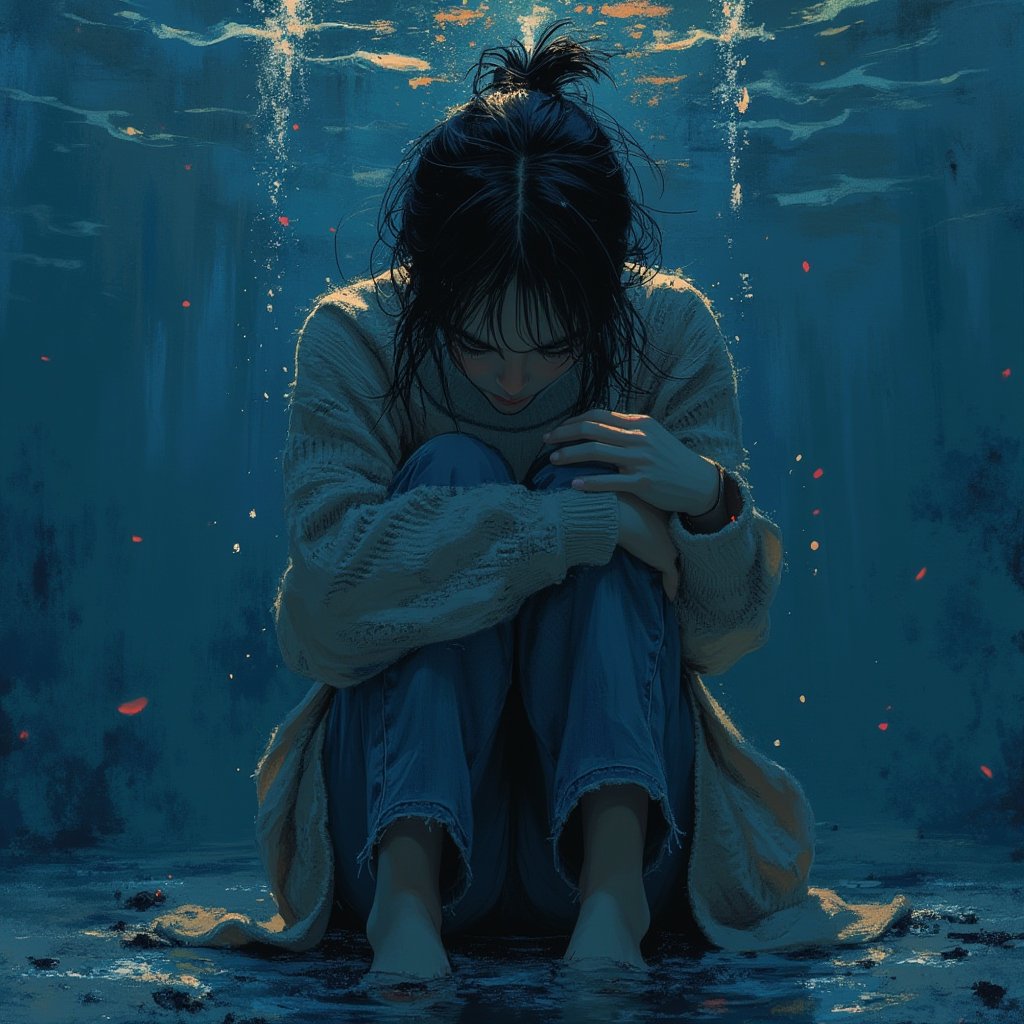 anime sketch style painting, close up, facing camera, a woman with messy short ponytail black hair, sitting down, knees up, head down on knees, one hand hugging the leg, one hand on the head, wearing a long sweater, long jeans, only the hair can be seen, feeling depression, dark blue underwater, can see the surface of the water. water ripples effect, with big bold words "one day I will stop crying and just feel HEARTLESS",Manga  Yakuza Kamui X Georgia O'Keeffe