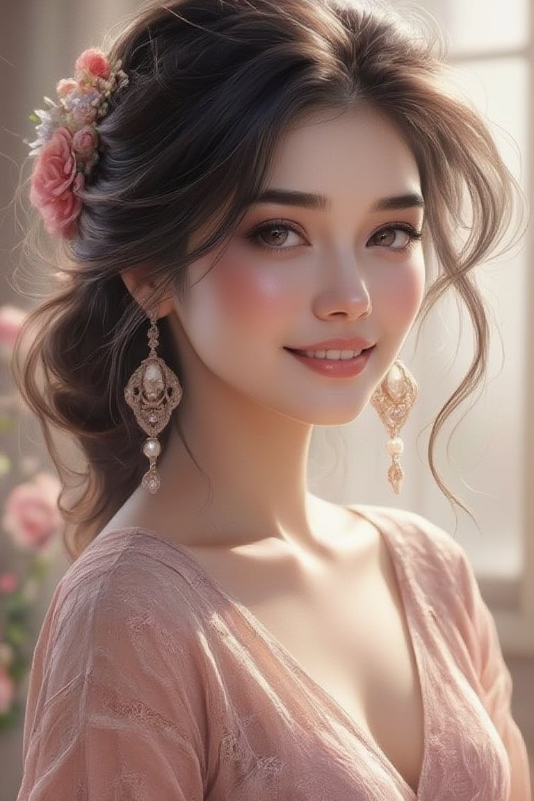 A beautiful woman with short ponytail black hair wearing lacey kebaya, gentle smile expression, soft skin, soft makeup, glowing bright striking brown eyes, wears an elegant Cameo and pearl earrings, blurry misty foggy floral background,Anime 1 3d.hanna,Digital Illustration 1.hanna