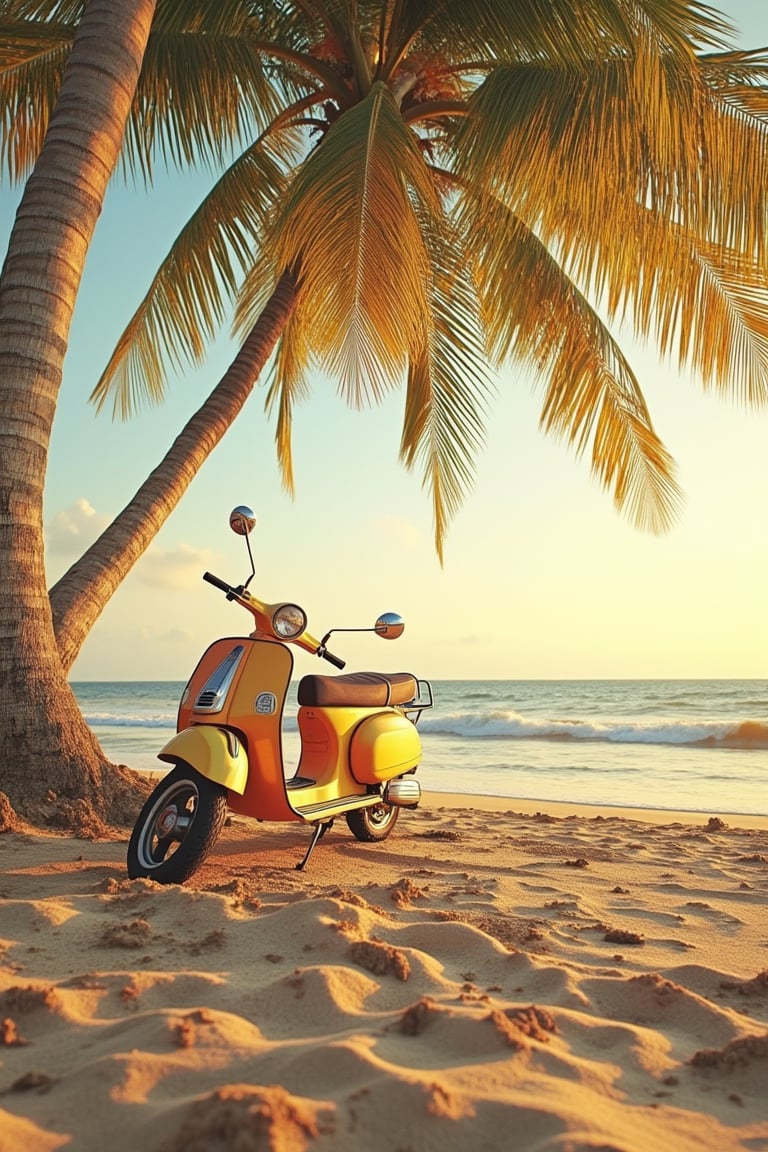 A serene Laivi scenery at the beach, golden sand stretching into the distance, a solitary palm tree swaying gently in the breeze. A vintage Vespa parked near the shore, its vibrant colors contrasting with the soft tones of the sand and sky. The scene is bathed in warm, golden sunlight, with a gentle ocean breeze creating a peaceful atmosphere. The composition is centered on the Vespa, with the palm tree and horizon adding depth and context.