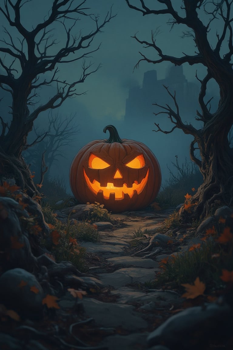 A dark, eerie night in a Japanese horror anime style, a large, intricately carved Halloween pumpkin glows with an ominous light. The scene is framed with a wide shot, capturing the pumpkin in the center, surrounded by twisted, gnarled trees and fog. The lighting is dim, with a single, eerie light source from the pumpkin casting long shadows. The composition is tense, with a sense of foreboding. The pumpkin's face is twisted in a sinister grin, adding to the Halloween season's spooky atmosphere.