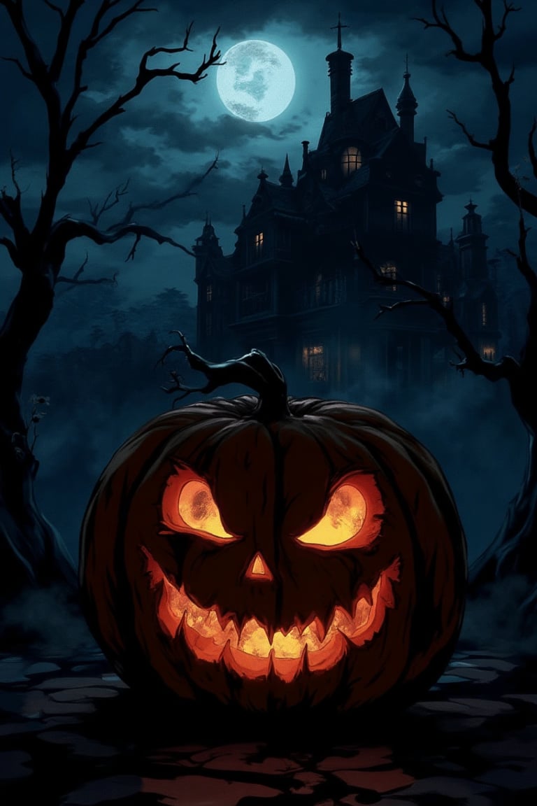 A dark, eerie anime scene with a spooky Halloween atmosphere. A large, intricately carved pumpkin with glowing eyes and a sinister grin sits in the foreground. The background features a haunted house with gothic architecture, surrounded by twisted trees and fog. The lighting is dim, with a mix of moonlight and flickering candlelight. The composition is centered on the pumpkin, with the haunted house in the background. The overall tone is creepy and unsettling, perfect for J-Horror.