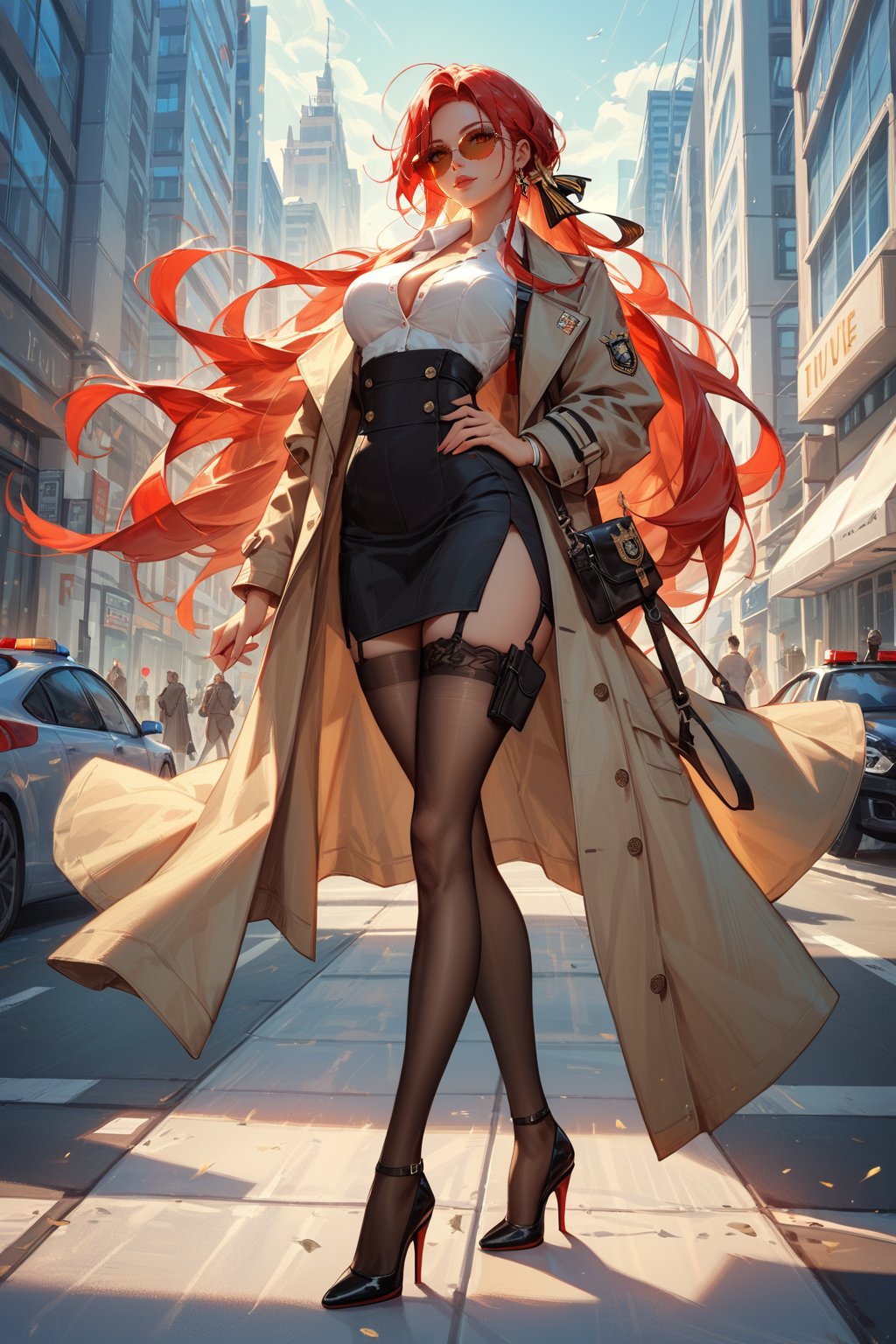 score_9, score_8_up, score_7_up, azur lane,monarch \(azur lane\), long red hair down flowing waist length, office lady, black pencil skirt, button up blouse, trench coat, high heel boots, stockings, holster, street, city, police badge, aviator sunglasses, standing, full body, masterpiece