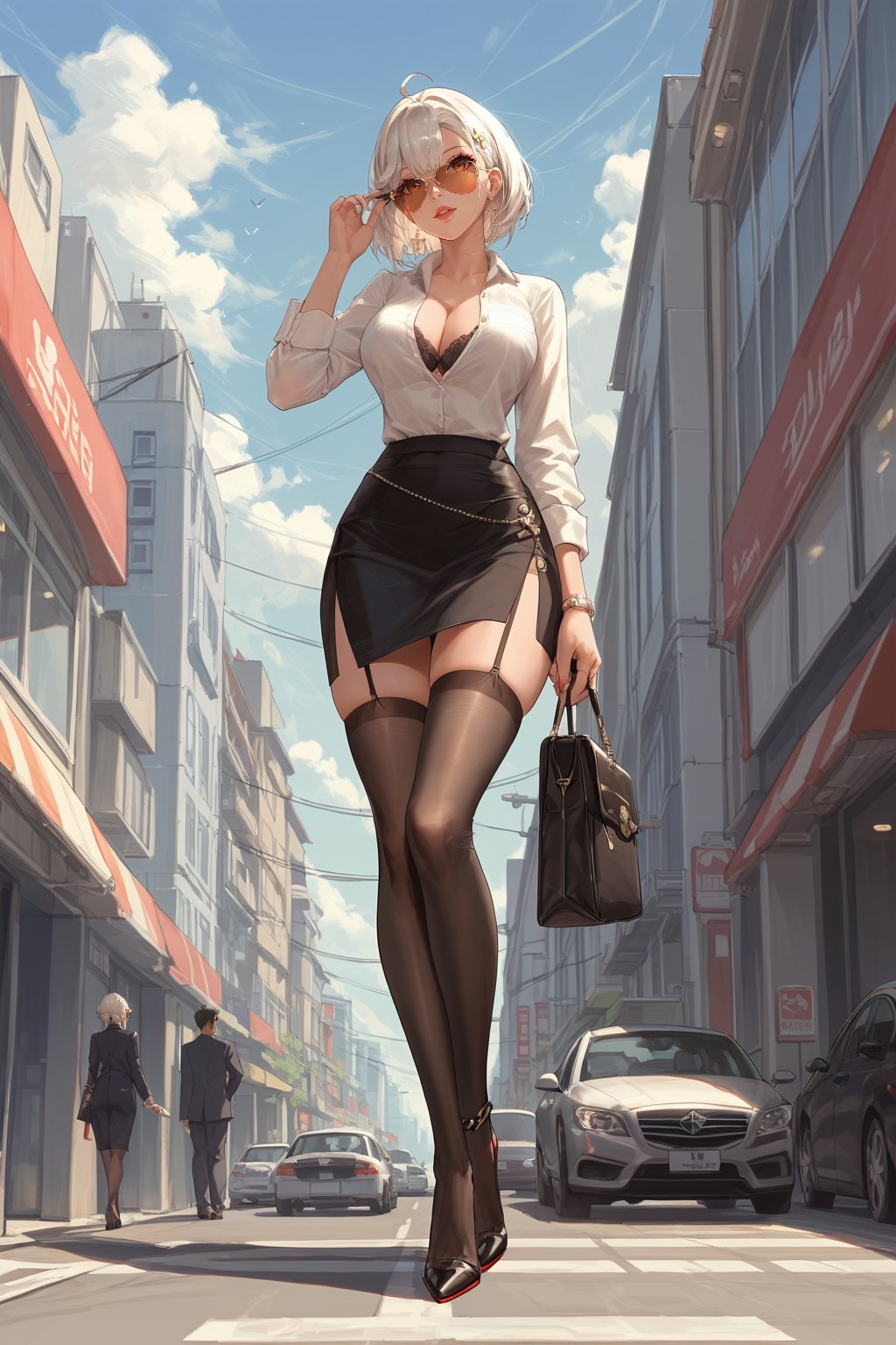 score_9, score_8_up, score_7_up, azur lane, harbin \(azur lane\), office lady, black pencil skirt, button up blouse, high heel boots, stockings, street, city, aviator sunglasses, standing, full body, masterpiece,中式婚纱头饰,哈尔滨_(赤芍)_(碧蓝航线),中式婚纱,Harbin_(Azur Lane)