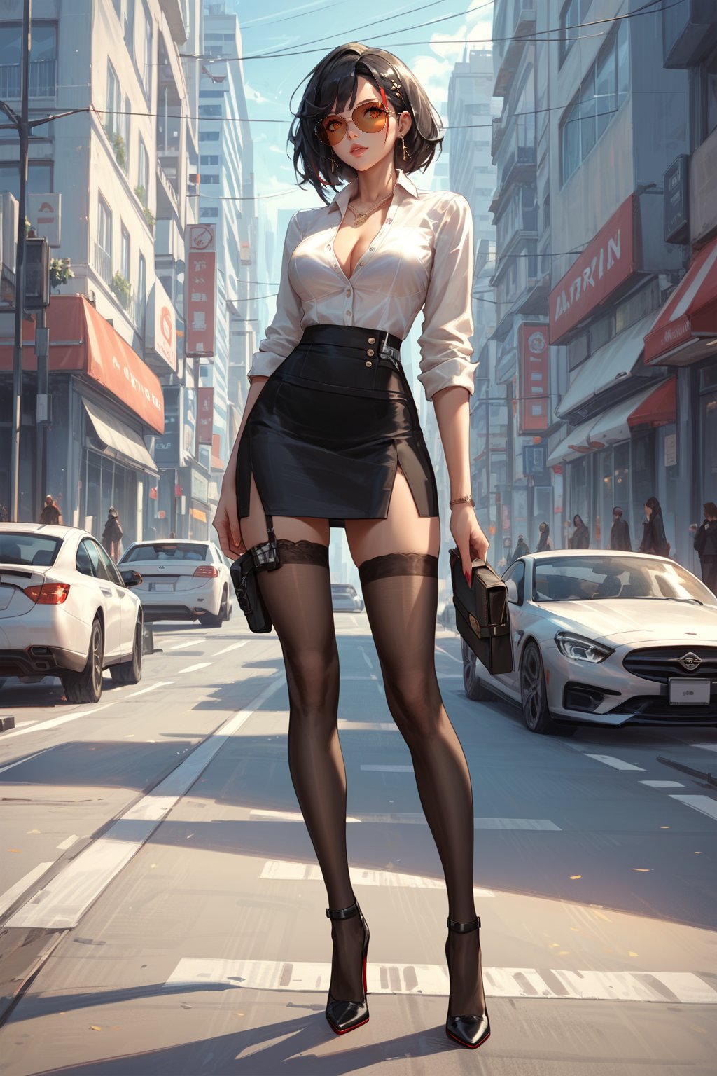 score_9, score_8_up, score_7_up, azur lane, harbin \(azur lane\), long black hair waist length, office lady, black pencil skirt, button up blouse, high heel boots, stockings, holster, street, city, aviator sunglasses, standing, full body, masterpiece