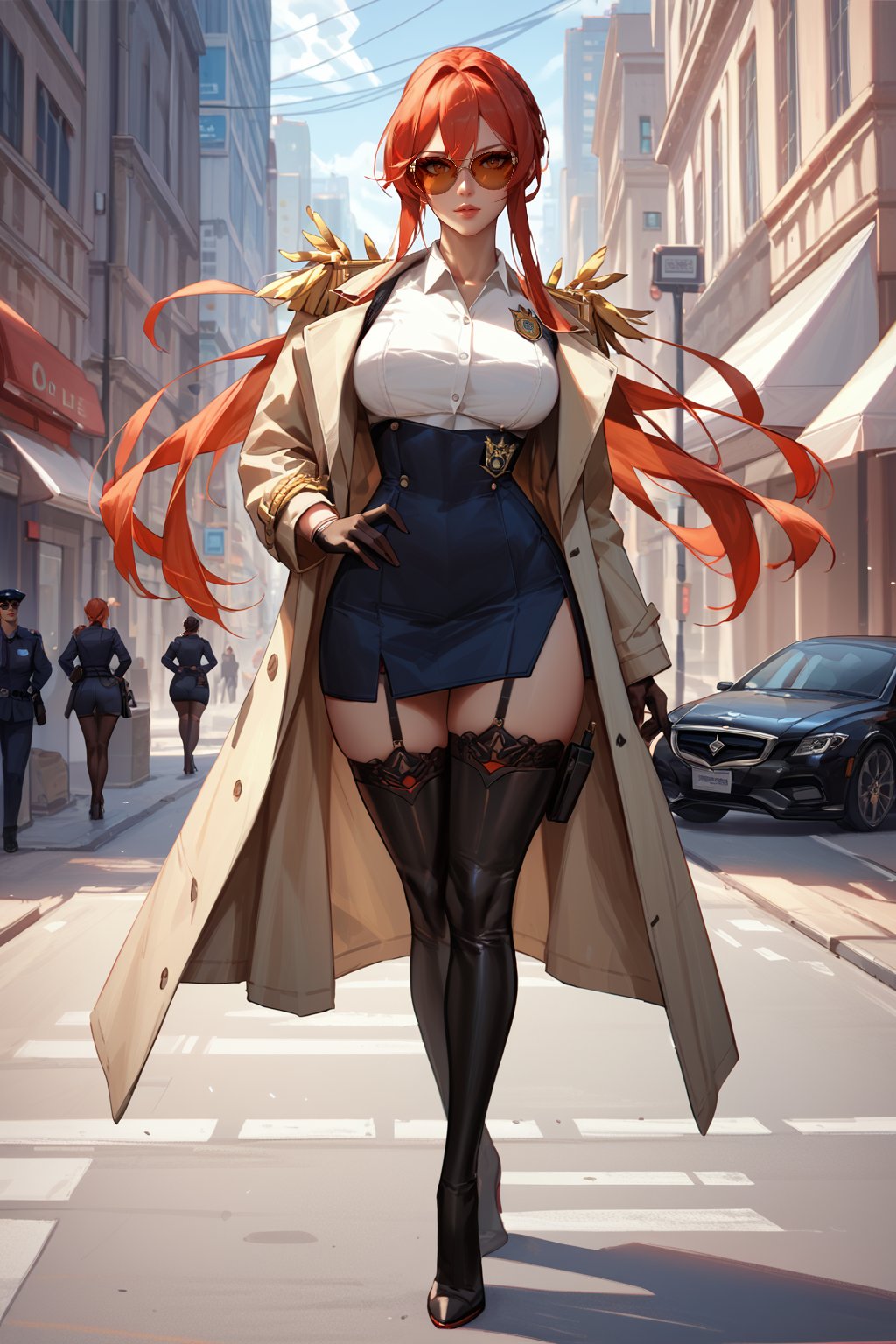 score_9, score_8_up, score_7_up, azur lane,monarch \(azur lane\), hair down flowing waist length, office lady, business suit, trench coat, thigh high boots, holster, street, city, police badge, aviator sunglasses, standing, full body, masterpiece