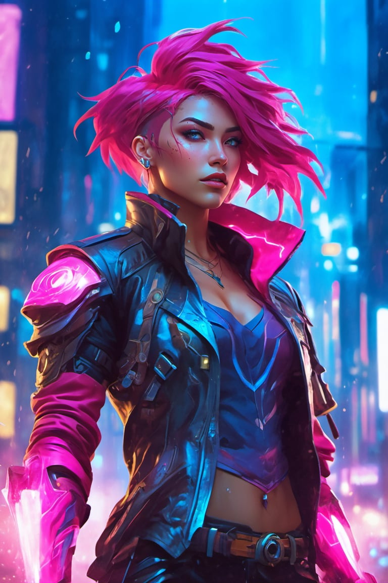 Create a dynamic and vibrant illustration of Vi from League of Legends in a tensort art style. She stands in a powerful pose, showcasing her muscular build and fierce expression. Her signature pink hair, styled in an edgy undercut, contrasts with the glowing blue energy emanating from her massive gauntlets. The background features a gritty, cyberpunk cityscape with neon lights reflecting off rain-soaked streets, enhancing the atmosphere. Emphasize sharp lines, vivid colors, and intricate details that capture the essence of her character, conveying movement and energy as she prepares for battle.”