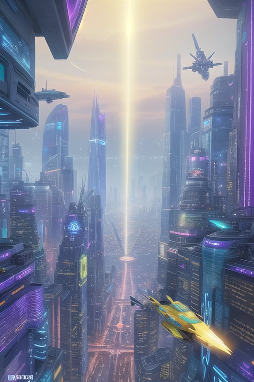 A 360-degree panoramic view of a futuristic metropolis at sunset/futurebanday or night/futureurbannight. Hovering above, the cityscape stretches endlessly, with elegant levitating spacecraft gliding through the air. Vehicles feature bright accents, iridescent hulls, and retractable wings. Building facades display vibrant neon hues, holographic ads, and gleaming metal surfaces. Air traffic congestion forms a network of twinkling lights between towering skyscrapers. Father Christmas triumphs aboard a spacecraft, pulled by his 11 reindeer.