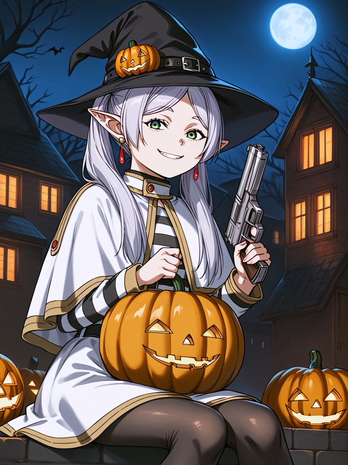 hyper detailed, high resolution, absurdres, 1girl, solo, (((sitting on pumpkin))), both hands up, holding pistol gun shooting, holding pistol gun shooting, 
detailed background, at night, Halloween pumpkin background, candy in background, 

score_9, score_8_up, score_7_up, score_6_up, source_anime, rating_questionable, rating_explicit, 
FrierenSSnF, grey hair, [[[[green eyes]]]], twintails, parted bangs, earrings, pointy ears, ((Halloween witch headwear)), 
FrierenCasual, striped shirt, white capelet, black belt, white skirt, long sleeves, black pantyhose, 
(((IncrsAnyasHehFaceMeme))), looking_at_viewer, 