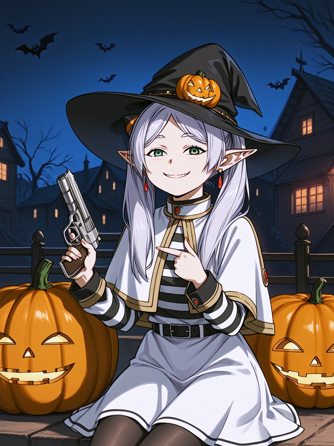 hyper detailed, high resolution, absurdres, 1girl, solo, (((sitting on pumpkin))), both hands up, holding pistol gun shooting, holding pistol gun shooting, 
detailed background, at night, Halloween pumpkin background, candy in background, 

score_9, score_8_up, score_7_up, score_6_up, source_anime, rating_questionable, rating_explicit, 
FrierenSSnF, grey hair, [[[[green eyes]]]], twintails, parted bangs, earrings, pointy ears, ((Halloween witch headwear)), 
FrierenCasual, striped shirt, white capelet, black belt, white skirt, long sleeves, black pantyhose, 
(((IncrsAnyasHehFaceMeme))), looking_at_viewer, 