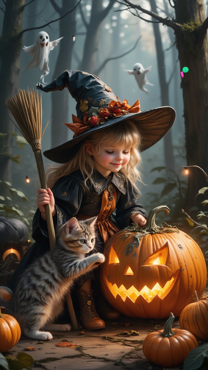 Amidst the enchanting shadows of a haunted forest, a charming girl dressed as a tiny witch, her costume adorned with glittering patches and a tiny broomstick, plays with an inquisitive kitten near a mischievous jack-o-lantern. The kitten, with its fluffy fur and bright eyes, paws at the flickering candlelight inside the pumpkin, while the witch giggles, surrounded by whimsical decorations—ghosts made of fabric and floating orbs of light. The atmosphere is both cute and eerily enchanting, perfectly capturing the spirit of Halloween in vivid colors and intricate details, high-resolution.