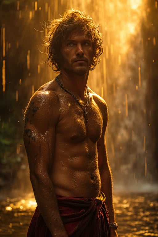 Warrior Javier Milei emerges from the torrential golden rain, his abdomen glistening from the drops. The golden oil paint effect creates an iridescent glow on his skin as he stands in front of a waterfall, his thin t-shirt clinging to his body. High-quality detail and 4K HD resolution reproduce every molecular texture and luminous scale on his mythical being’s body. Volumetric light illuminates the scene, projecting vivid colors that reflect off his breathtakingly beautiful scales, exuding pure perfection and divine presence.