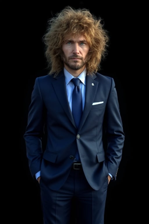 A masterpiece, a photographic image (full body:1) showing Javier Milei a man in a dark blue suit and a lion's mane on his head. The lion's mane is large and covers almost the entire man's head. He has light blue eyes. The man's skin is clear white. He is wearing a white shirt and a (blue tie). The shirt has a chest pocket and the tie is tied with a simple knot. The pants have two pockets on the sides and are fastened with a black belt. Javier Milei is standing in front of a black background, (Esao Andrews:1), with dynamic pose, ultra-realistic, 8k, HD, photography, shadow lighting, black background, dark cinematic lighting, beautiful style, beautiful colors, booth, (lighting background:1)