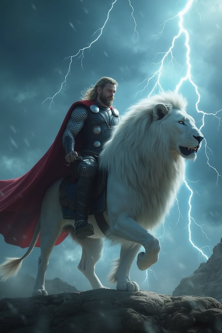 Generate a high-quality 8K image of Thor riding a white lion. Thor should be in a heroic stance with his mighty hammer Mjölnir in hand, while standing in the middle of a thunderstorm. The atmosphere should be charged with energy, with lightning illuminating the stormy sky and reflecting off the lion’s fur. The white lion should be extremely realistic, with detailed fur and well-defined musculature, and should appear to be moving at high speed. Use high-speed blur to capture the sense of motion. The composition should be cinematic, with intricate detail and dramatic lighting that highlights the epic aspects of the scene. Make sure Thor and the lion have a distinct, imposing presence, and that the image conveys a strong, dynamic feel.