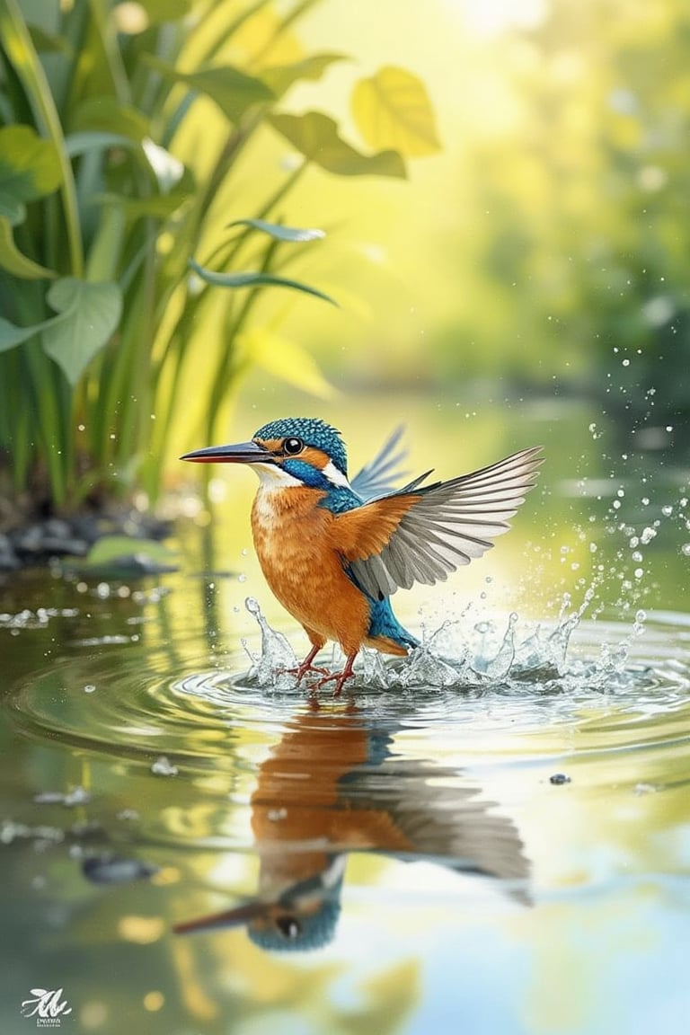 A peaceful morning watercolor painting of a kingfisher with wings fully extended, emerging gracefully from the water. The warbler creates a soft splash, its reflection perfectly mirrored on the calm surface. Sunlight filters softly through green foliage, casting a golden glow. The serene scenery enhances a calm and uplifting atmosphere. Detailed, high contrast, low saturation, 8k ultra high resolution.