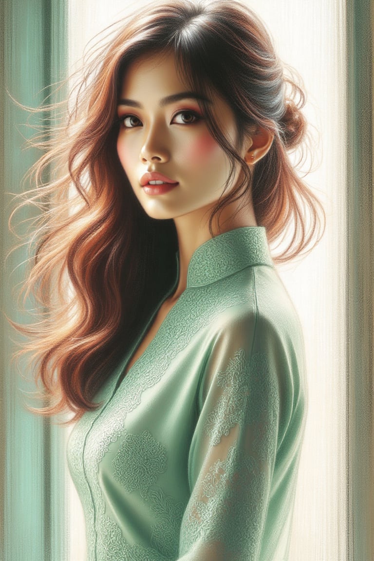 A digital pastel portrait of a beautiful Malay woman with long,  wavy hair tied back,  wearing a traditional green baju ku...
