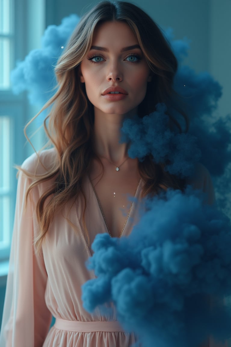 A cinematic hyperrealism film still in 8K, featuring a stunning woman with long, wavy light brown hair, enveloped in rich navy blue smoke. The scene is bathed in soft pastel hues, with a lively, swirling plume of smoke creating a surreal, dreamy atmosphere. She wears modern, elegant clothes in blush and champagne, accented with delicate metallic details. The deep navy smoke contrasts with her soft dress, adding mystery. Luminous particles sparkle in the air, and diffused lighting casts a soft glow on her flawless skin, capturing a mesmerizing otherworldly aesthetic.