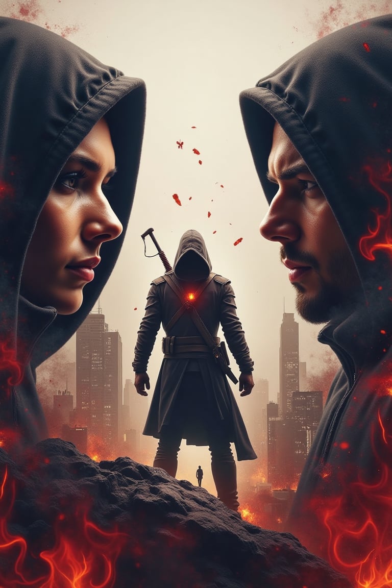 A triple exposure illustration in realistic style with fantasy elements. A man and woman in hoodies face opposite directio...