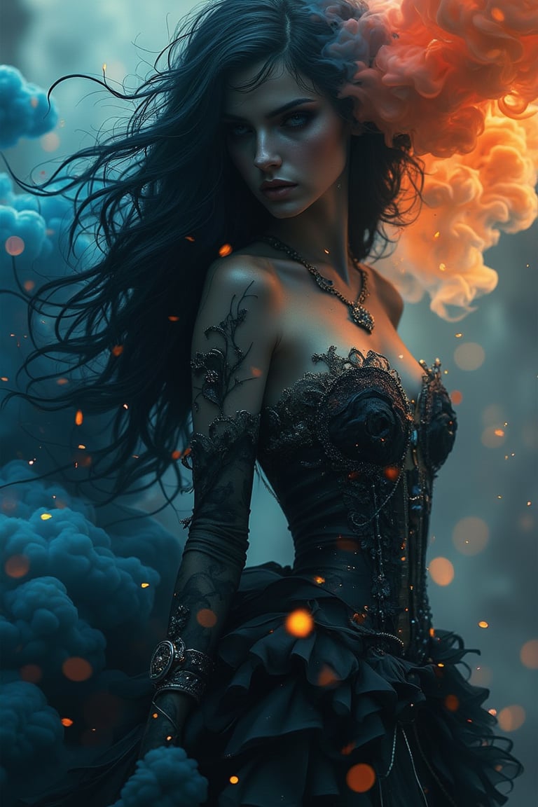 Cinematic hyperrealism, 8K, very detailed and realistic. A stunning woman with long wavy black hair, shrouded in rich blue-red-yellow smoke. A lively, swirling plume of smoke creates a surreal and dreamy atmosphere. Her dress is a mix of black and white modern elegance gothic style with delicate fabrics and metallic detailing. Luminous particles sparkle in the air, enhancing the visual appeal. Diffused lighting casts a soft glow on her flawless skin. The scenery blends beauty, surrealism, and high-quality detail, perfect for a mesmerizing otherworldly aesthetic.