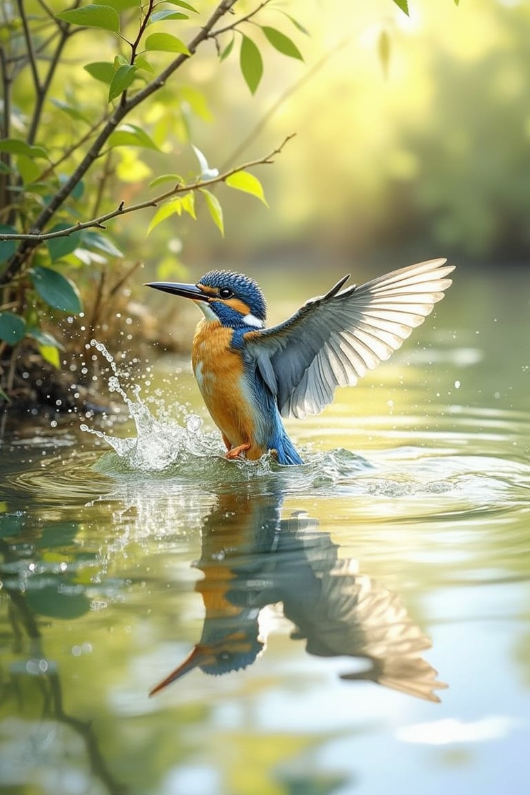 A peaceful morning watercolor painting of a kingfisher with wings fully extended, emerging gracefully from the water. The warbler creates a soft splash, its reflection perfectly mirrored on the calm surface. Sunlight filters softly through green foliage, casting a golden glow. The serene scenery enhances a calm and uplifting atmosphere. Detailed, high contrast, low saturation, 8k ultra high resolution.