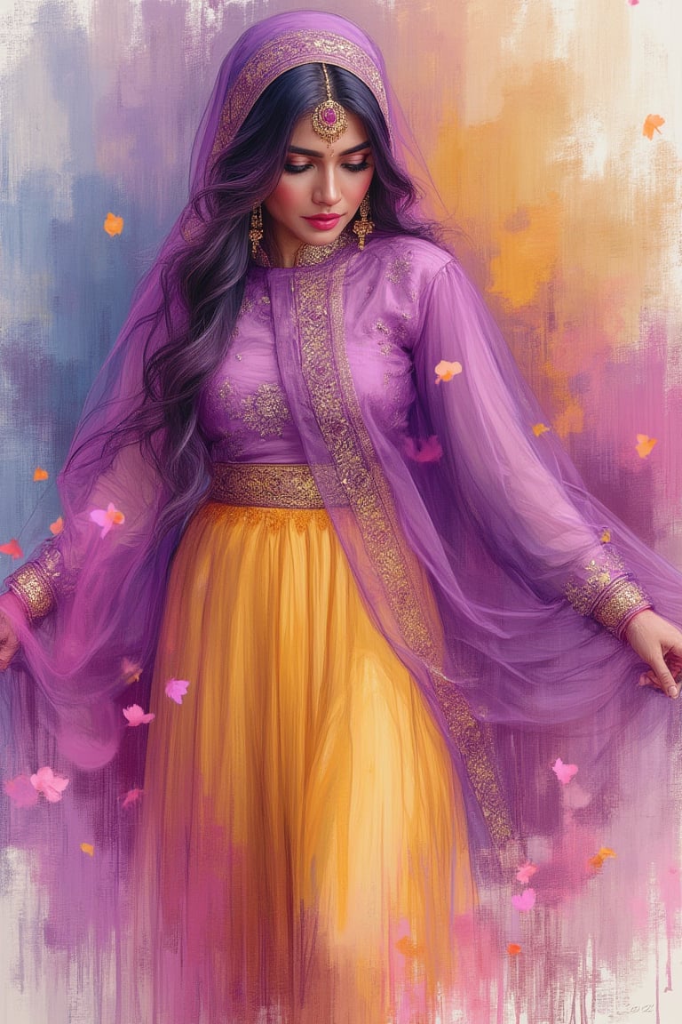 Beautiful Indian woman, wearing soft purple and yellow patiyala salwar suit with sakura flower dupatta, magic, looking down, cool, beautiful color scheme, strong, aura, epic, Indian style background, dark side, crazy detail, best quality of watercolor and a mix of brush strokes, 8K, ultra high resolution, high contrast, low saturation,FineArt 