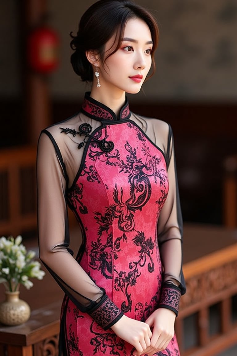 Hand-painted portrait with oil paint mix, stunning digital Hanna in bright liquid red and liquid pink cheongsam and traditional black and white mix, elegantly tailored with high mandarin collar. The fabric is embellished with intricate abstract patterns, woven into a bright pink fabric, featuring long, thin sleeves in contrast to a dense, richly textured body. Intricate embroidery on the neckline and wrists accentuates the elegance. Hanna's hair was styled in a simple long down style, with loose strands framing her serene face. Soft, moody lighting casts soft shadows, enhancing abstract contrast. The background is softly blurred with muted tones, focusing on Hanna's dress and elegant expression.