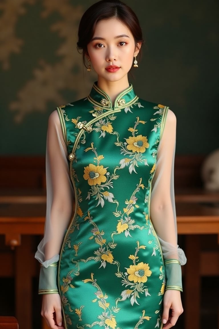 Hand-painted portrait of Hanna in an elegant, traditional cheongsam, digitally enhanced with oil paint mix. She wears a stunning bright emerald and liquid yellow cheongsam with a white mix, featuring a high mandarin collar and intricate floral pattern. The fabric is richly textured, with thin long sleeves contrasting the dense body. Intricate embroidery adorns the neckline and wrists. Hanna's hair is styled in a simple pixie updo, framing her serene face. Soft, moody lighting casts gentle shadows, enhancing the emerald's contrast. The background is softly blurred with a muted tone, focusing on Hanna's elegant dress and expression.