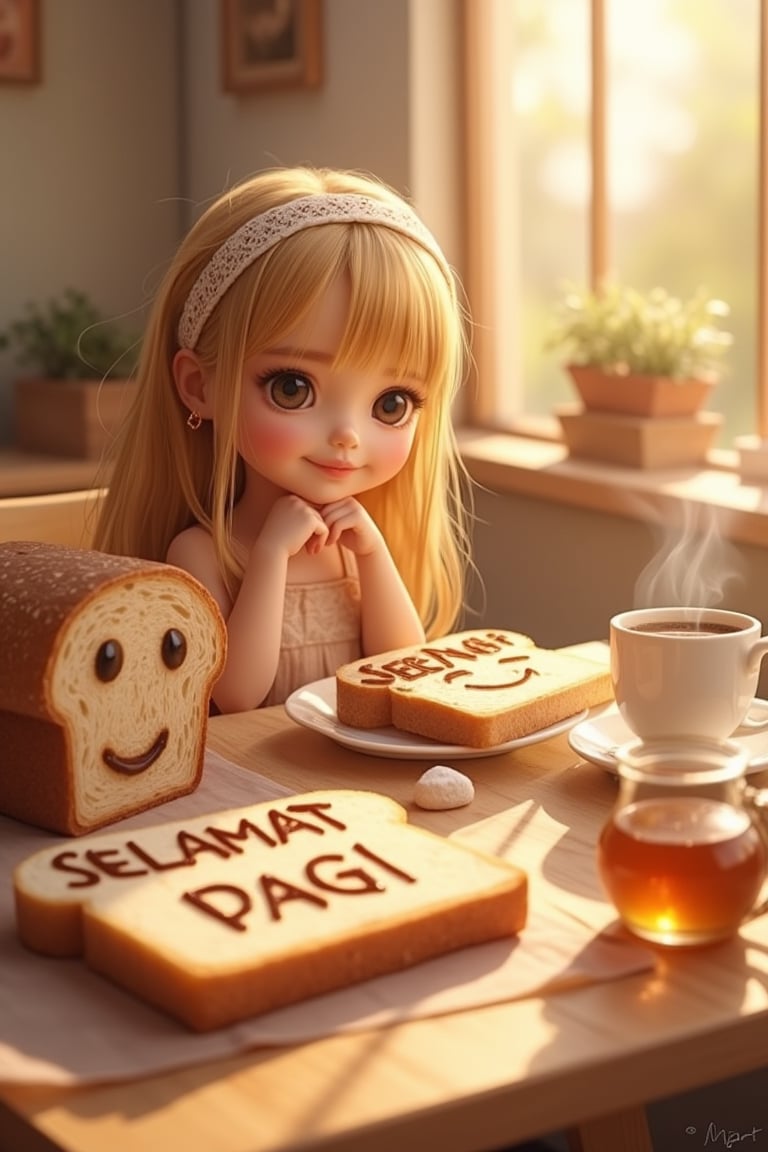 3D anime-style scene of an adorable, doll-like girl with long blonde hair, wearing a lace headband, sitting at a table with a breakfast spread. The table features a piece of bread with SELAMAT PAGI written in chocolate syrup, next to a loaf of bread with a cute, smiling face. Additional items include a cup of coffee, a jar of jam, honey, and a small cube of sugar. Warm, soft lighting creates a cozy and inviting morning atmosphere, enhancing the playful and charming details of the scene.