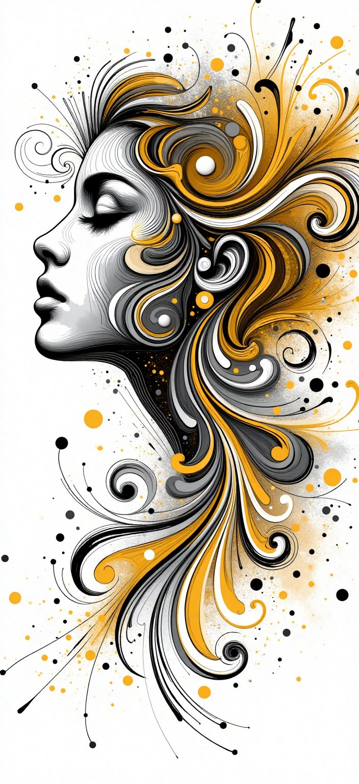 Vibrant,  intricately designed calligraphy style "black and white image of a Beautiful 20 year old Girl" shape in a dynami...